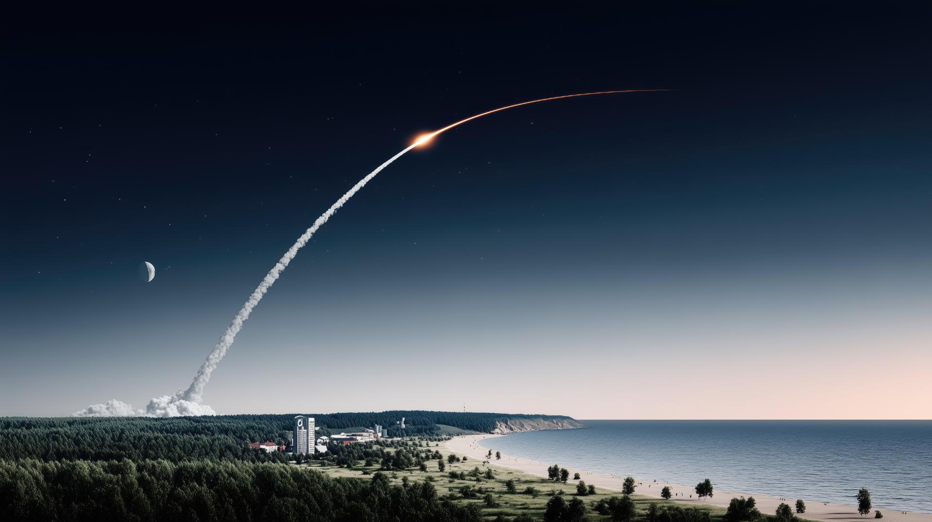 Rocket launching from a coastal space center, leaving a bright curved exhaust trail across the sky above forested land and the sea.