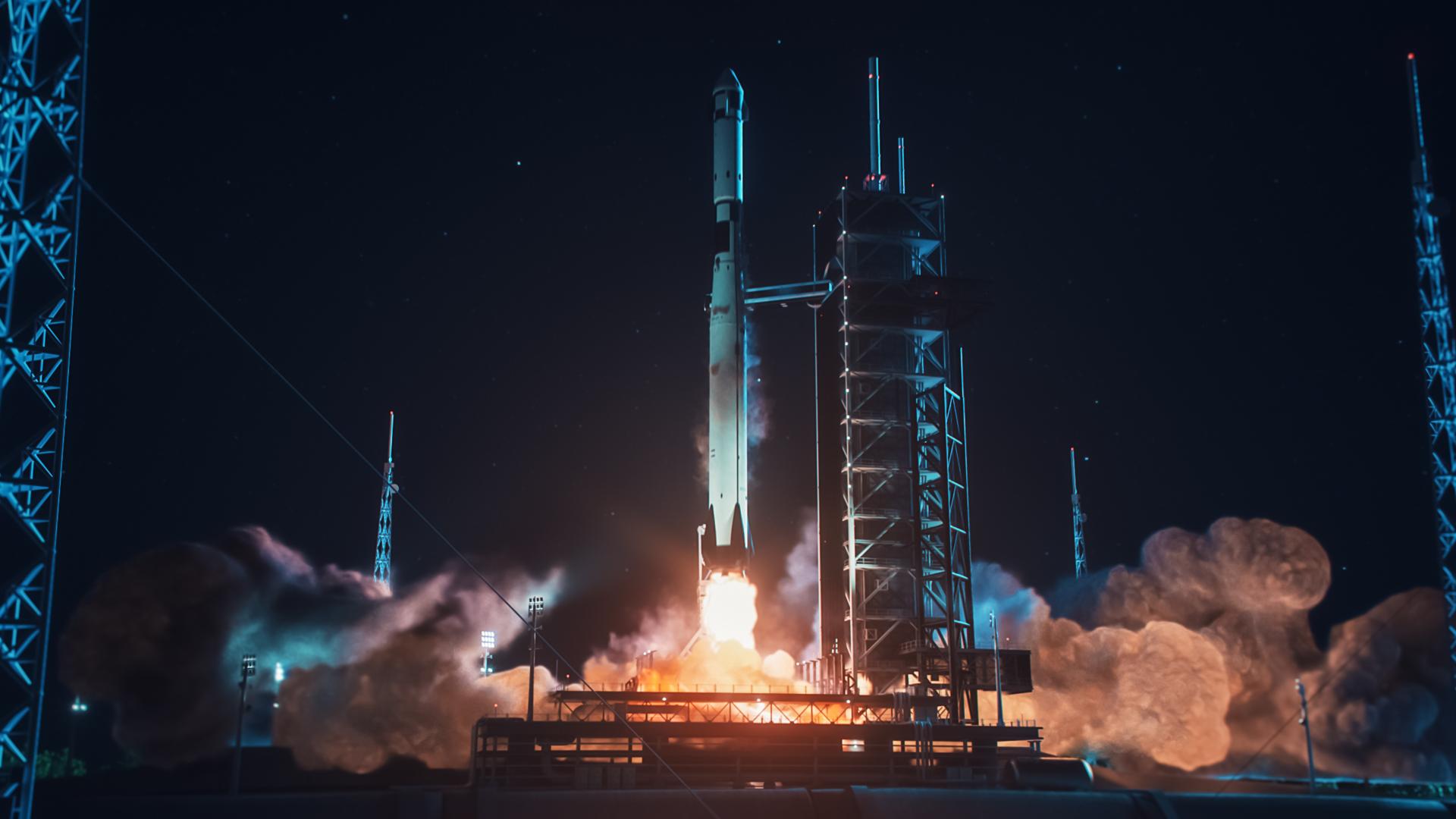 Rocket lifting off from a launch pad at night, with bright engine flames, exhaust clouds, and surrounding launch infrastructure illuminated against a dark sky.